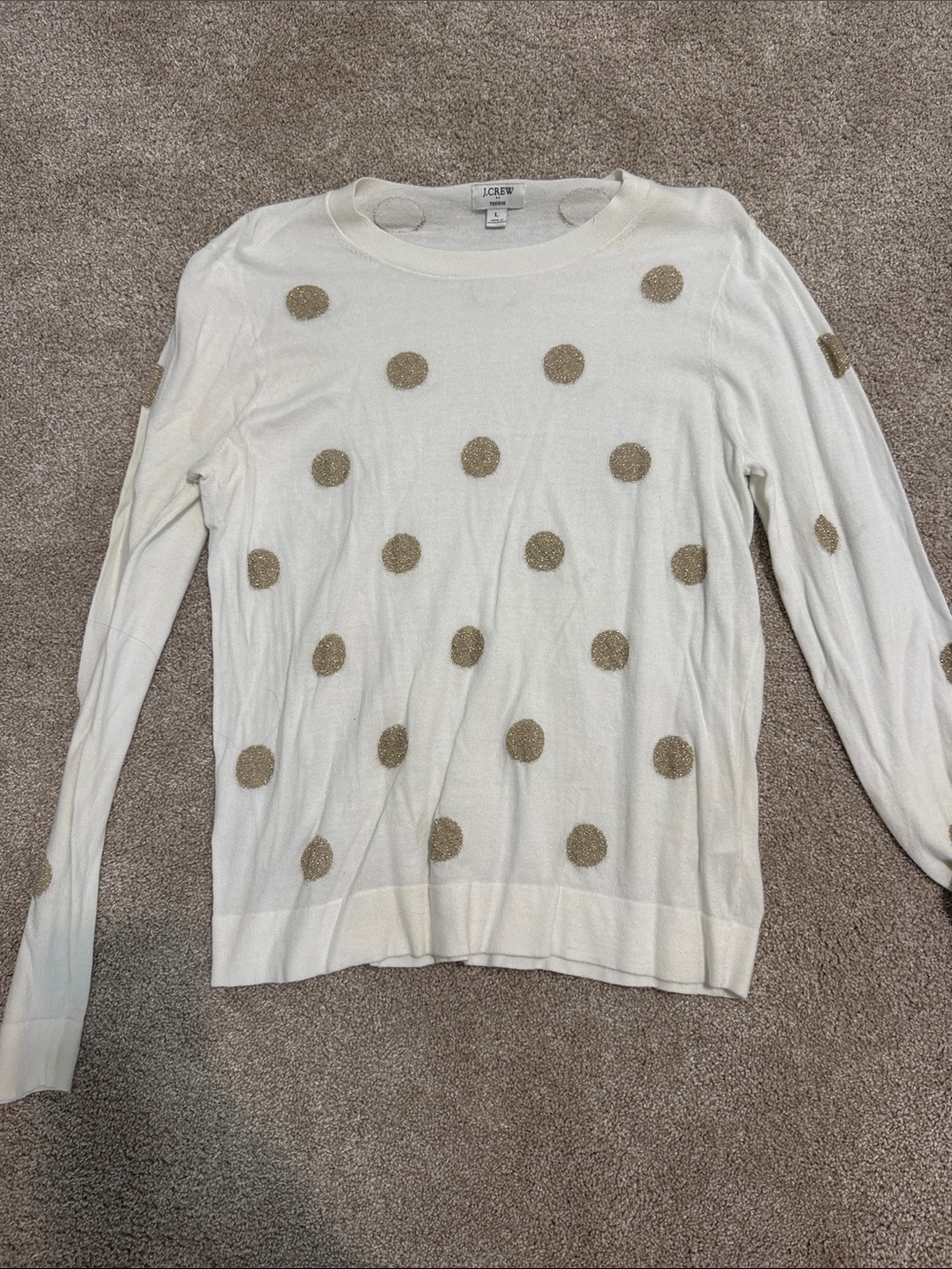 J. Crew Cream Crewneck Sweater with Gold Glitter Polka Dots